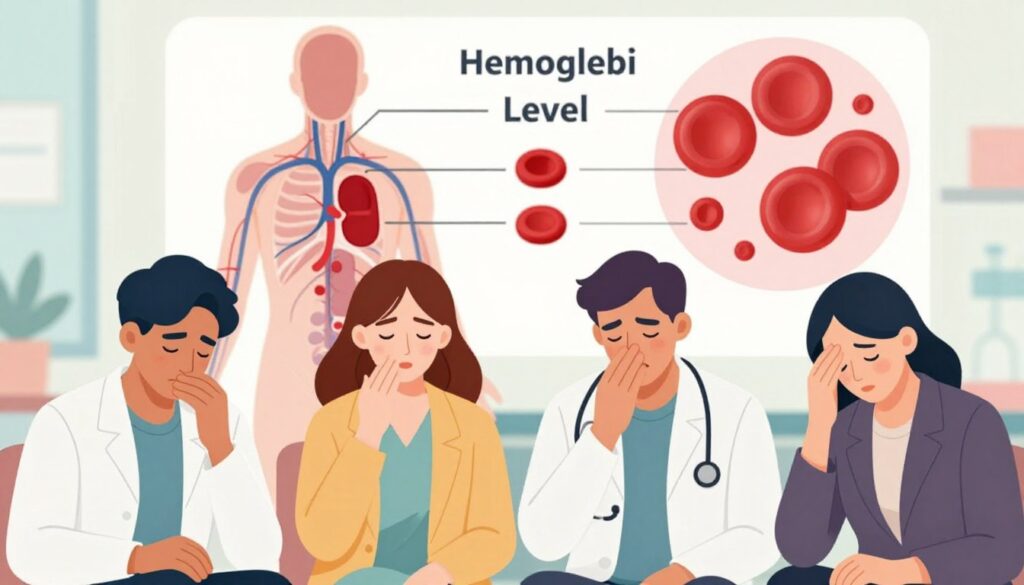 Create a detailed medical illustration focusing on the symptoms of abnormal hemoglobin levels. In the foreground, show a diverse group of four people in professional attire, displaying various symptoms: fatigue, shortness of breath, pale skin, and dizziness. The middle ground should feature clear anatomical illustrations of a human circulatory system, specifically highlighting red blood cells and hemoglobin, with subtle labels for clarity. In the background, a soft, clinical environment with pastel colors suggests a medical setting, using diffused lighting for a calm mood. The overall atmosphere should be informative and professional, capturing the essence of a medical discussion without any text or distractions.