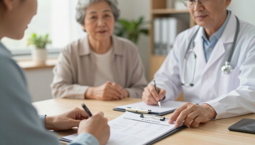 Elderly man and woman in a healthcare setting, engaging in a discussion about thyroid health. The foreground features a close-up of their hands on a table filled with medical charts and thyroid function test results, highlighting TSH levels. In the middle ground, the couple is seated across from a compassionate healthcare professional, dressed in a white coat, providing guidance. The background shows a softly lit medical office, with plants and calming colors to evoke a sense of comfort and trust. The lighting is warm and inviting, with a shallow depth of field that focuses on the interaction, creating an atmosphere of support and care in the context of senior health. Elderly man and woman in a healthcare setting, engaging in a discussion about thyroid health. The foreground features a close-up of their hands on a table filled with medical charts and thyroid function test results, highlighting TSH levels. In the middle ground, the couple is seated across from a compassionate healthcare professional, dressed in a white coat, providing guidance. The background shows a softly lit medical office, with plants and calming colors to evoke a sense of comfort and trust. The lighting is warm and inviting, with a shallow depth of field that focuses on the interaction, creating an atmosphere of support and care in the context of senior health.