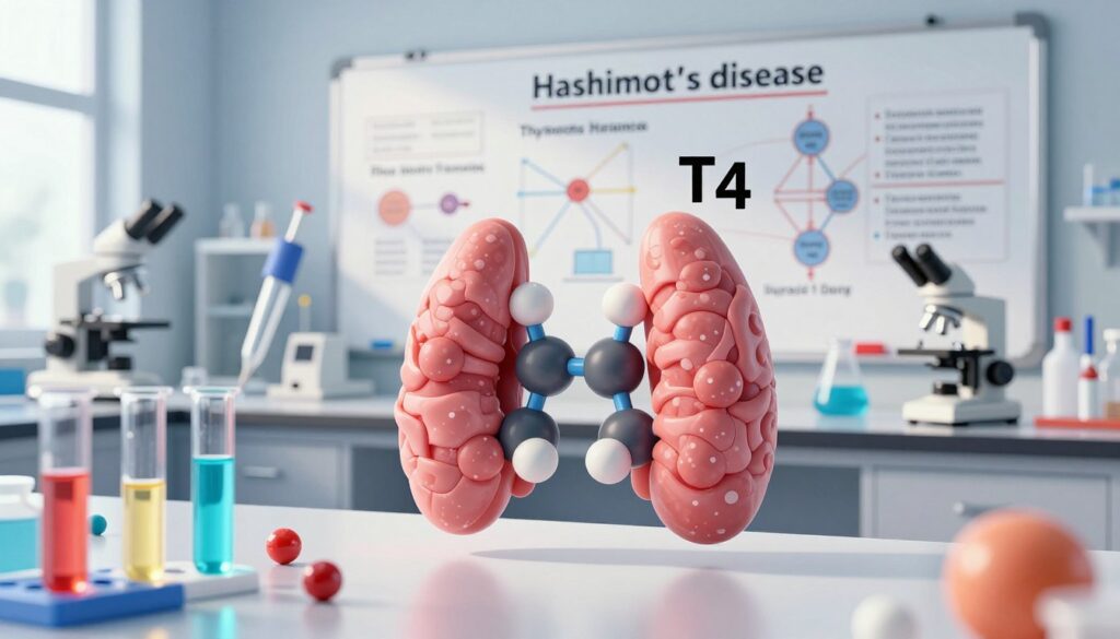 Highly detailed scientific illustration of free fractions of thyroid hormones (T3 and T4) in a laboratory setting. In the foreground, several test tubes containing colorful, translucent liquids representing these hormones are displayed, with a focus on their molecular structures. The middle ground features a sleek laboratory countertop with medical equipment like pipettes and a microscope. In the background, a large whiteboard is covered with diagrams and notes about Hashimoto's disease, TSH levels, and hormone pathways, softly illuminated by natural light streaming through a window. The atmosphere is professional and academic, emphasizing the importance of thyroid diagnostics. The image should be vibrant, well-composed, and free from any text or branding elements. Highly detailed scientific illustration of free fractions of thyroid hormones (T3 and T4) in a laboratory setting. In the foreground, several test tubes containing colorful, translucent liquids representing these hormones are displayed, with a focus on their molecular structures. The middle ground features a sleek laboratory countertop with medical equipment like pipettes and a microscope. In the background, a large whiteboard is covered with diagrams and notes about Hashimoto's disease, TSH levels, and hormone pathways, softly illuminated by natural light streaming through a window. The atmosphere is professional and academic, emphasizing the importance of thyroid diagnostics. The image should be vibrant, well-composed, and free from any text or branding elements.